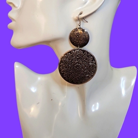 Vintage Jewelry - Vintage Large Floral Mandala Metal Circle Festival Dangle Hook Earrings